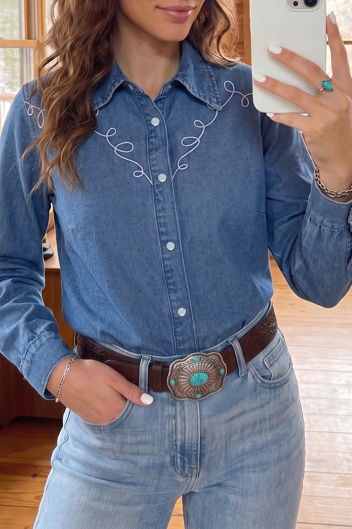 Western Embroidered Collar Long Sleeve Denim Shirt – Dusk Blue