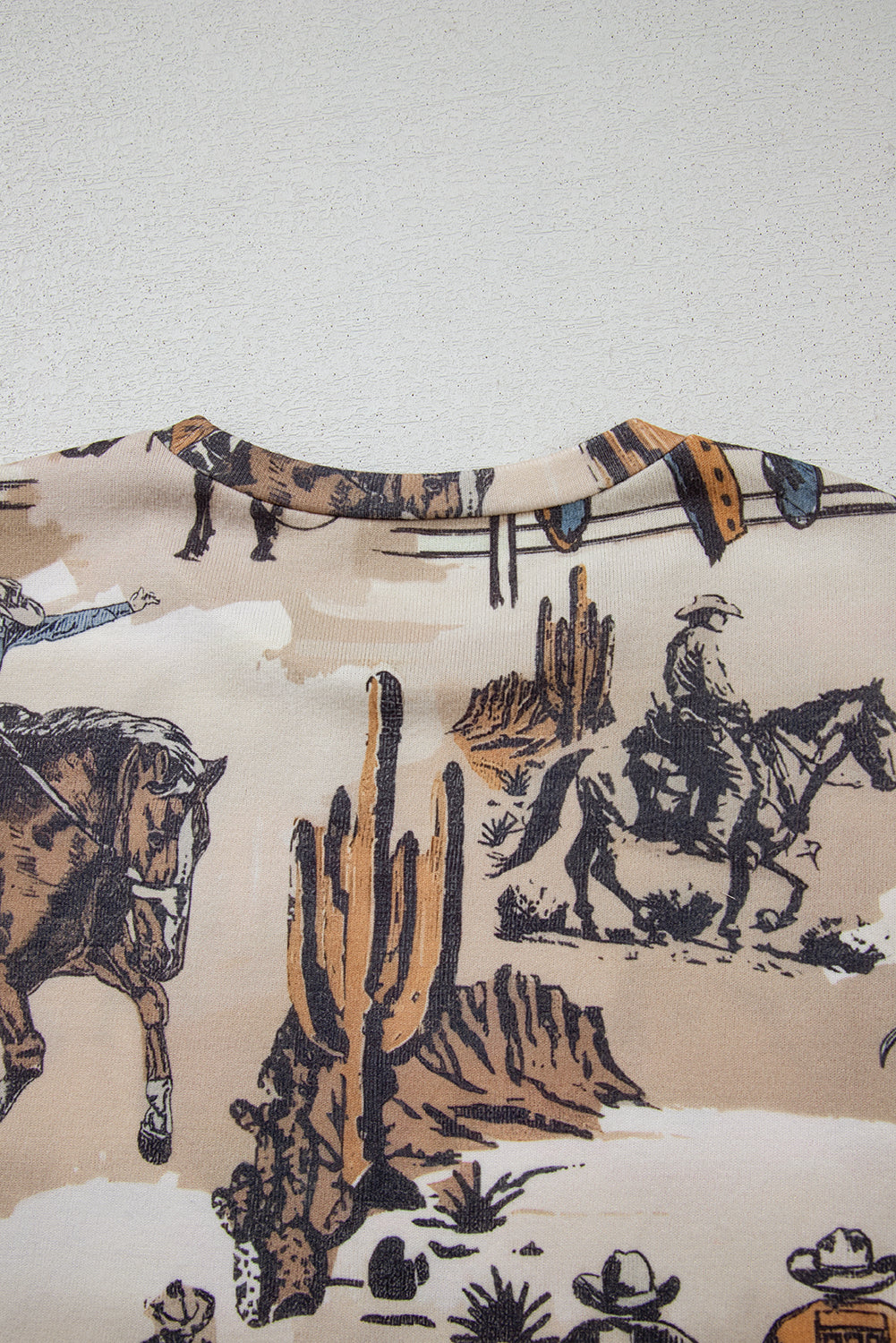 Khaki Western Cowboy Print Cuffed Sleeve Crewneck T Shirt eAura