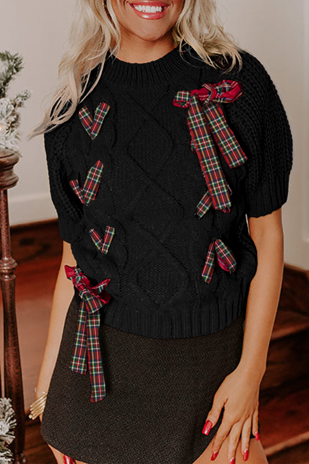 Plaid Lace up Detail Christmas Holiday Puff Short Sleeve Sweater - eAura