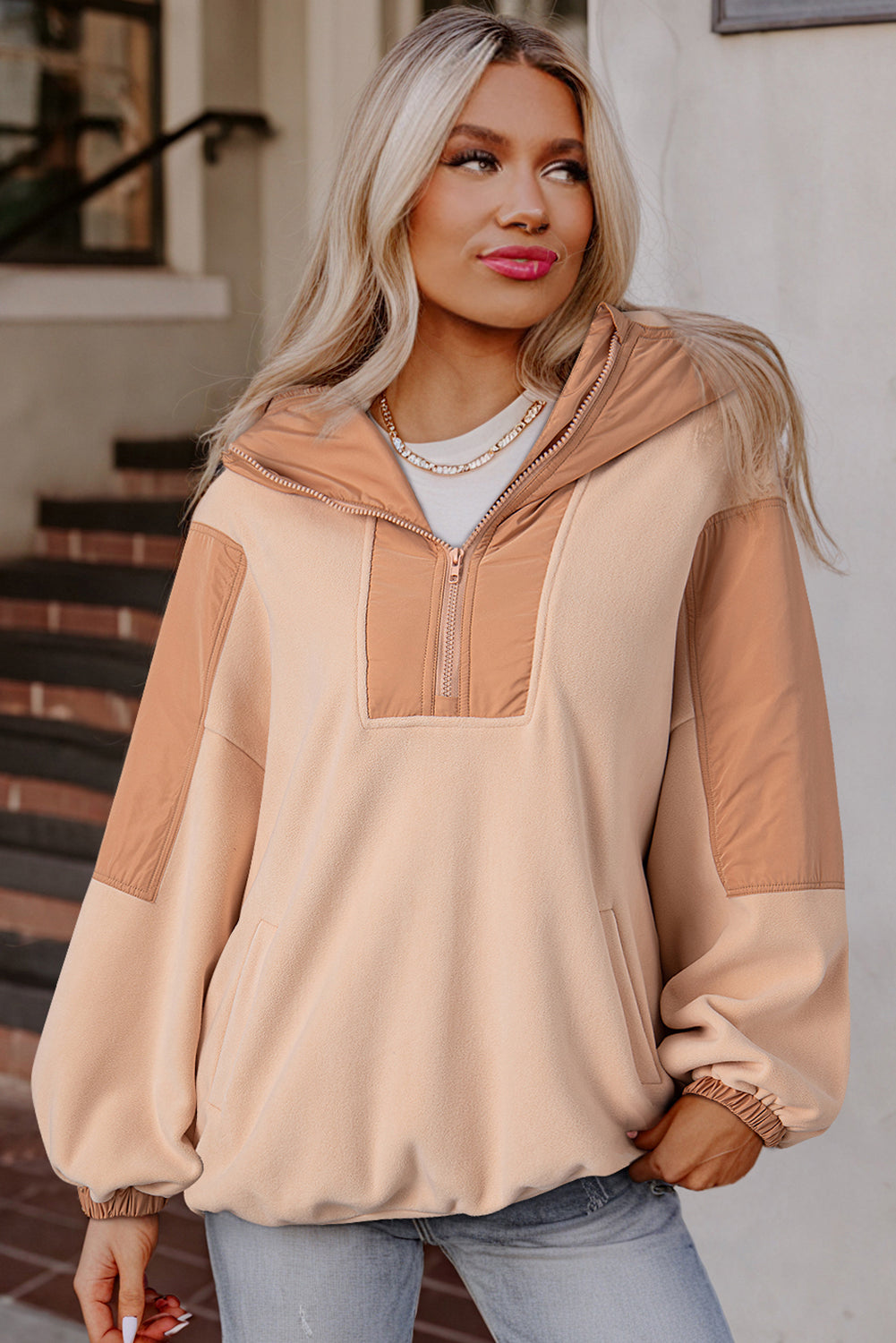 Light French Beige Colourblock Patchwork Half Zip Oversized Sherpa Hoodie eAura