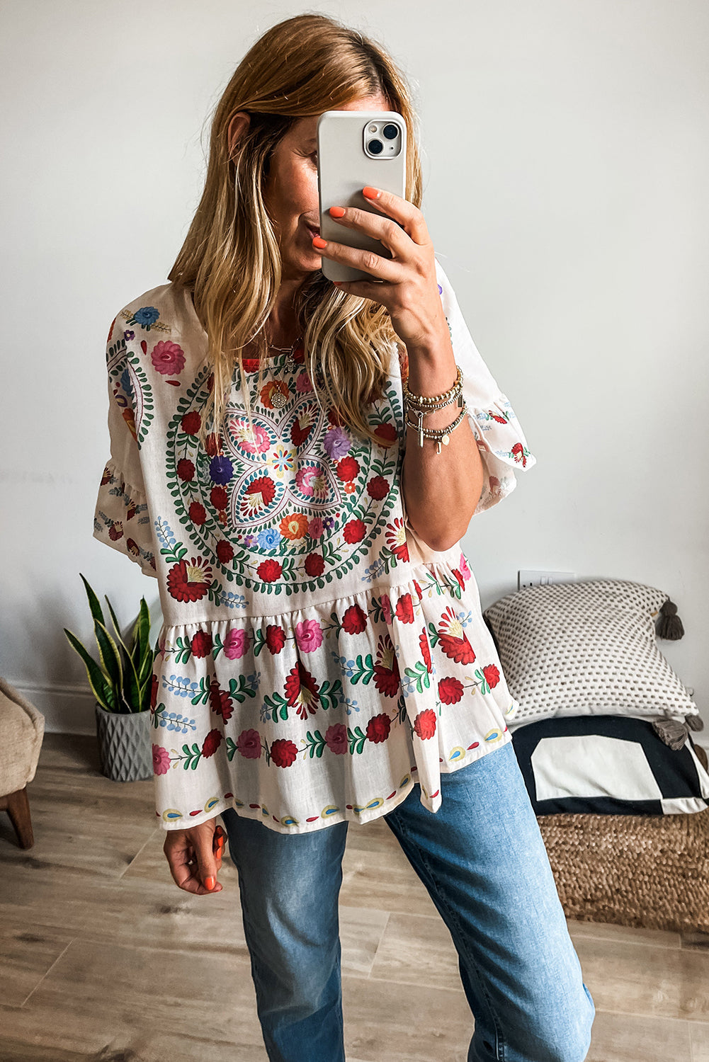 White Boho Floral Print Round Neck Ruffle Trim Blouse eAura