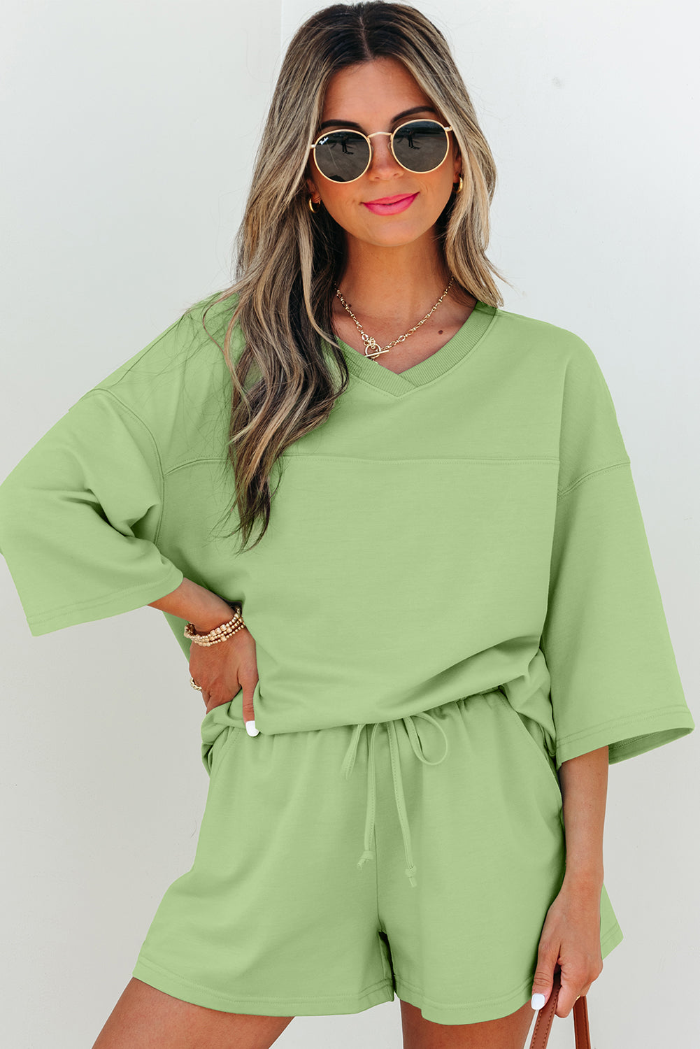 Meadow Mist Green Solid Loose V Neck Half Sleeve Tee and Shorts eAura