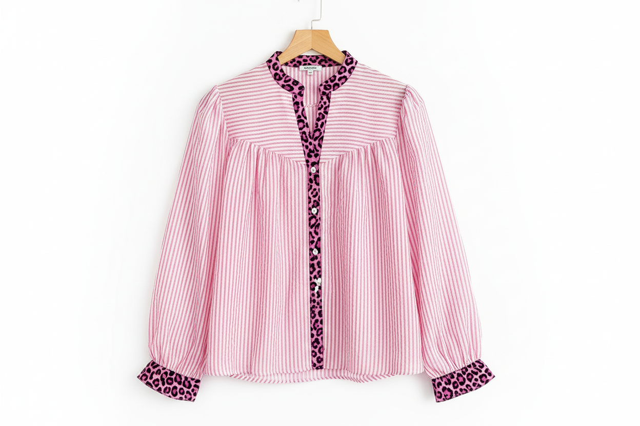 Stripe Leopard Patchwork Long Sleeve Shirt - Tops/Blouses & Shirts