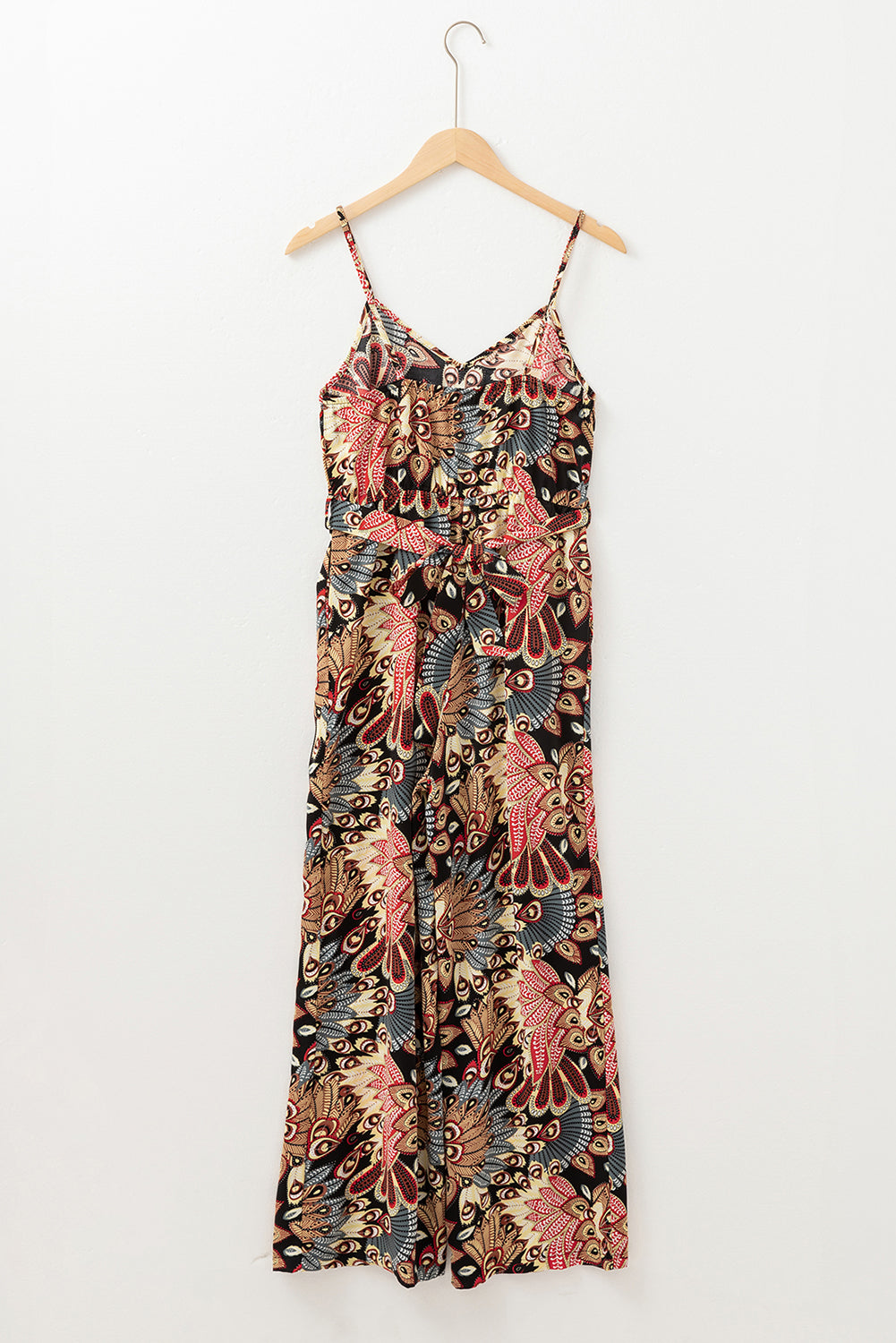 Black Floral Print Belted Sleeveless Wide Leg Jumpsuit eAura