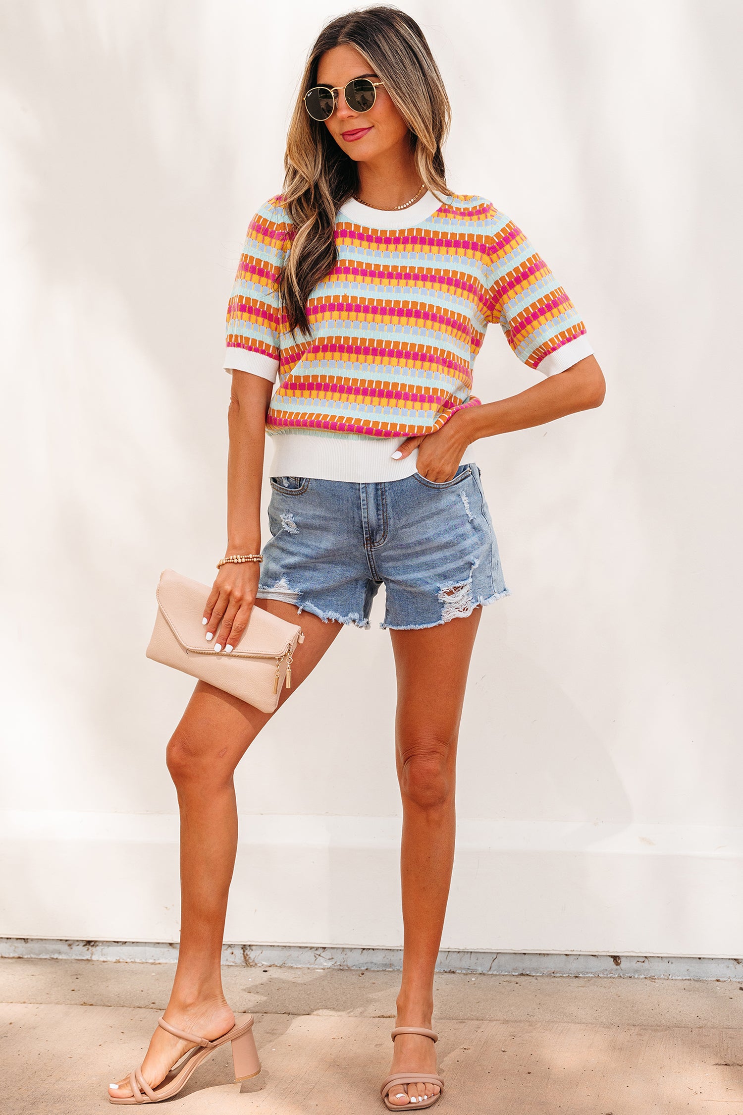 Abstract Striped Knit Short Sleeve Sweater