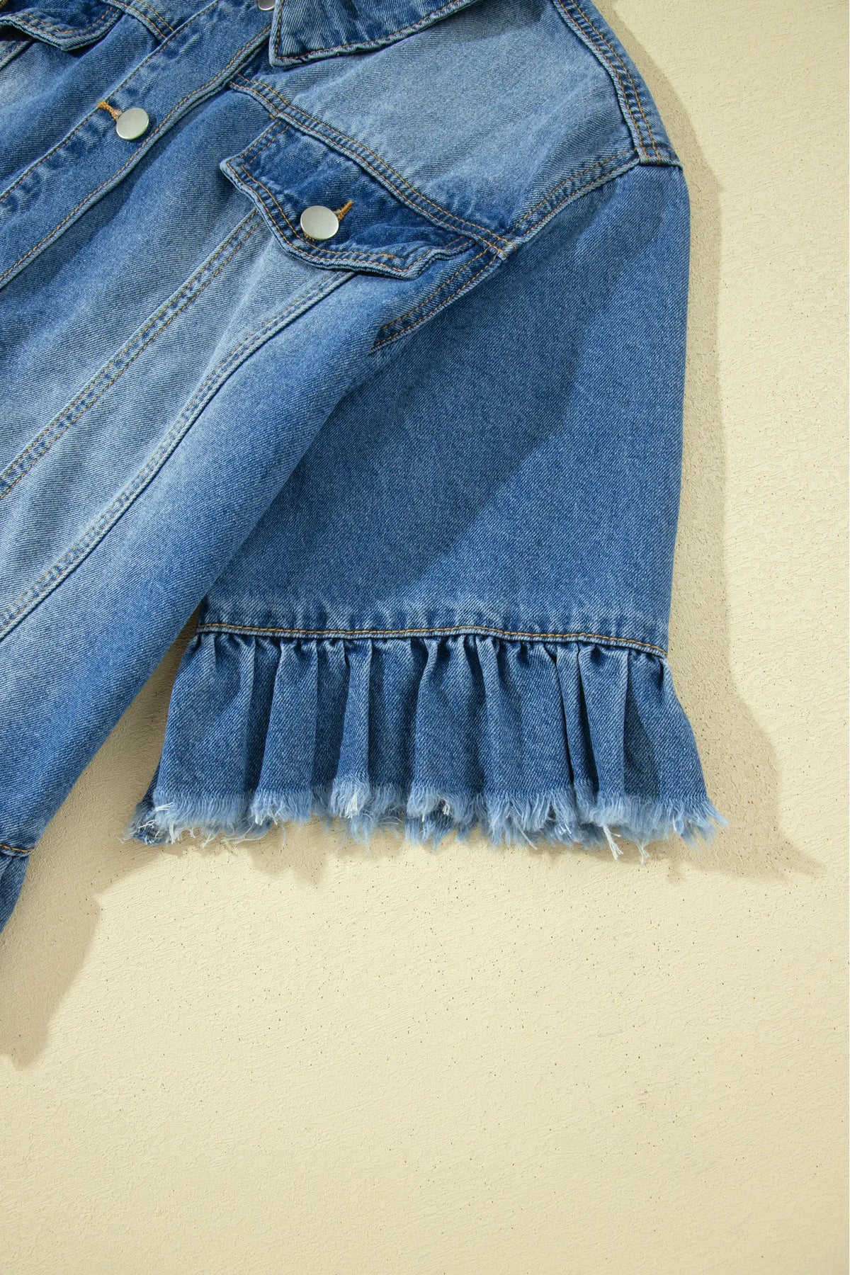 Ruffle Hem Raw Edge Half Sleeve Western Denim Jacket – Blue