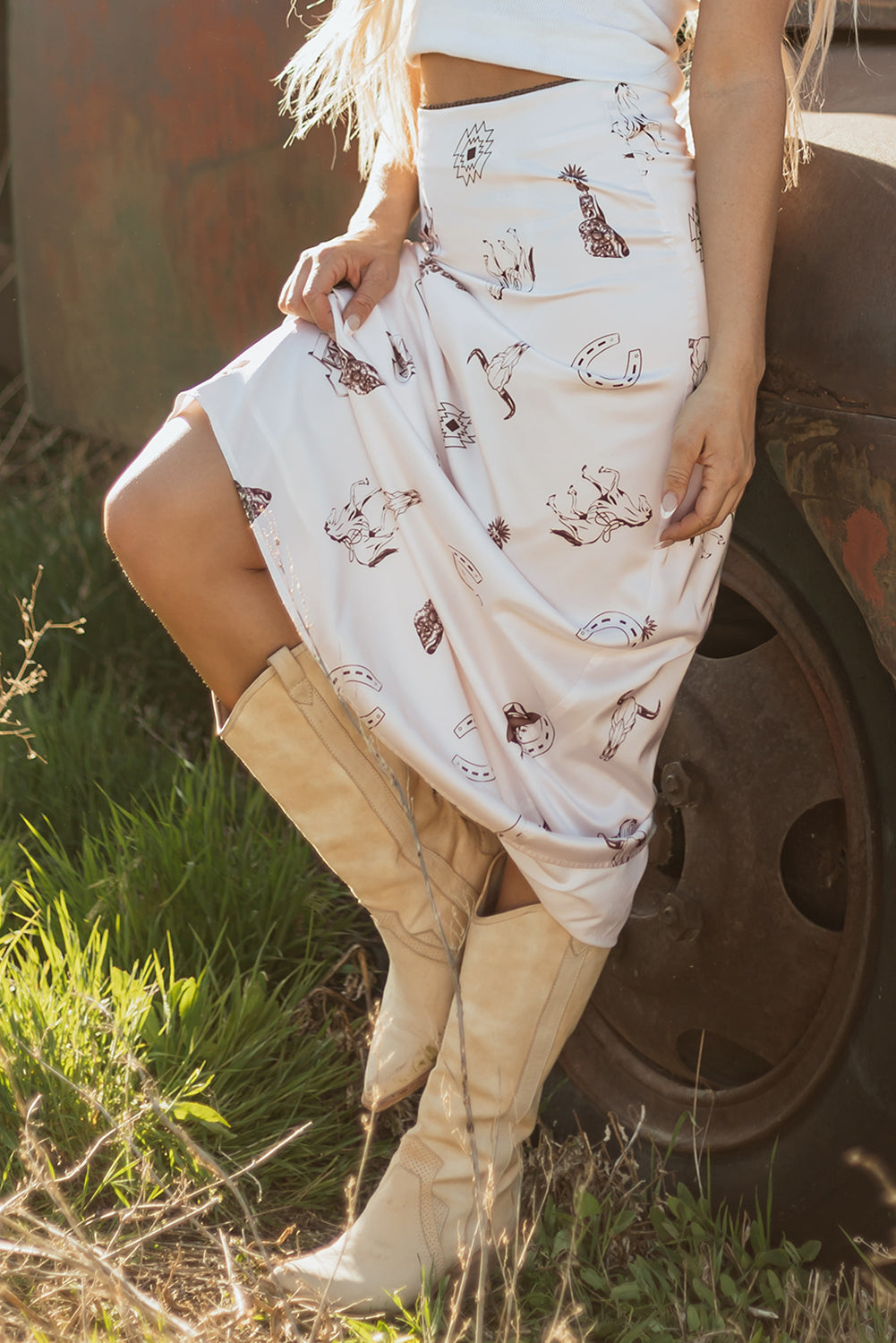 Western Print Satin Long Skirt – White