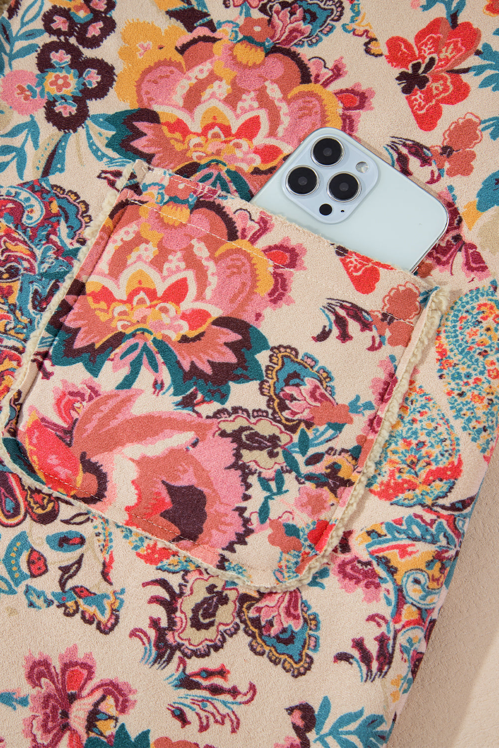 Floral Printed Sherpa Lined Hooded Jacket eAura