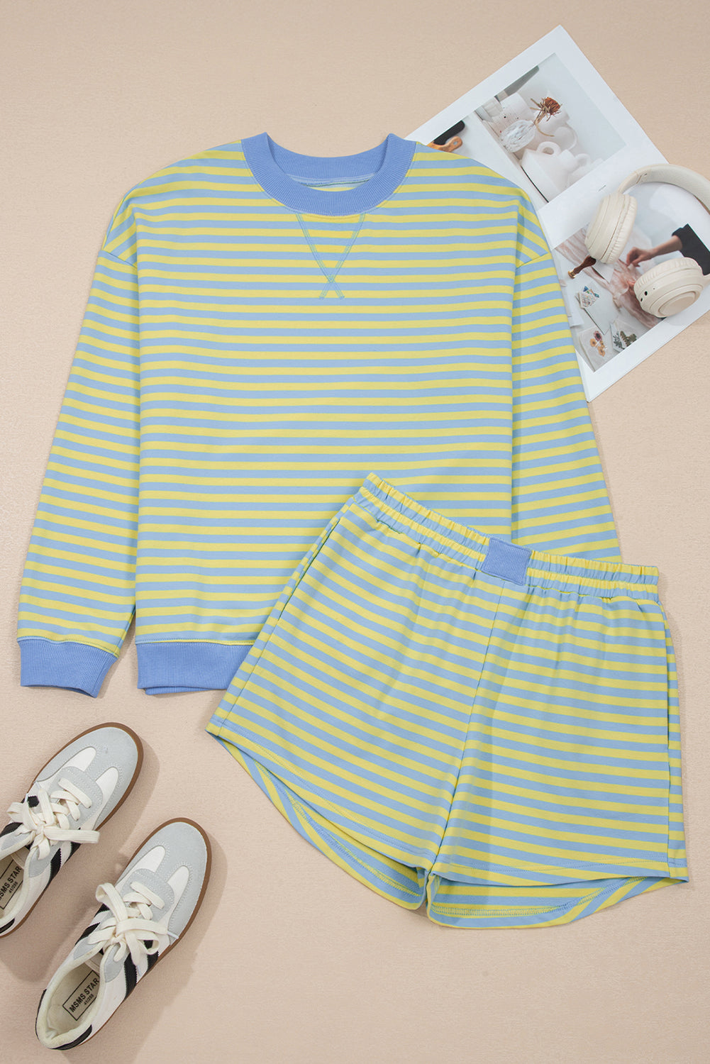 Color Block Detail Long Sleeve Pullover Elastic Waist Pull On Shorts 2pcs Set – Yellow Stripe