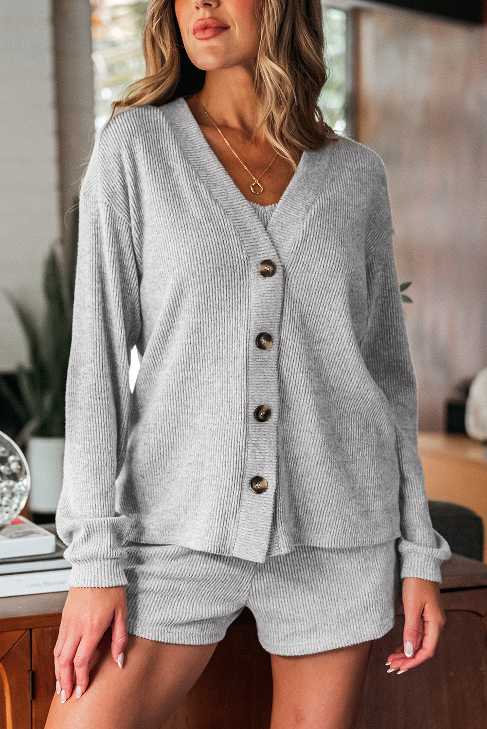 Light Grey 3 Pieces Rib Crop Camisole Matching Shorts Lounge Set with Cardigan eAura