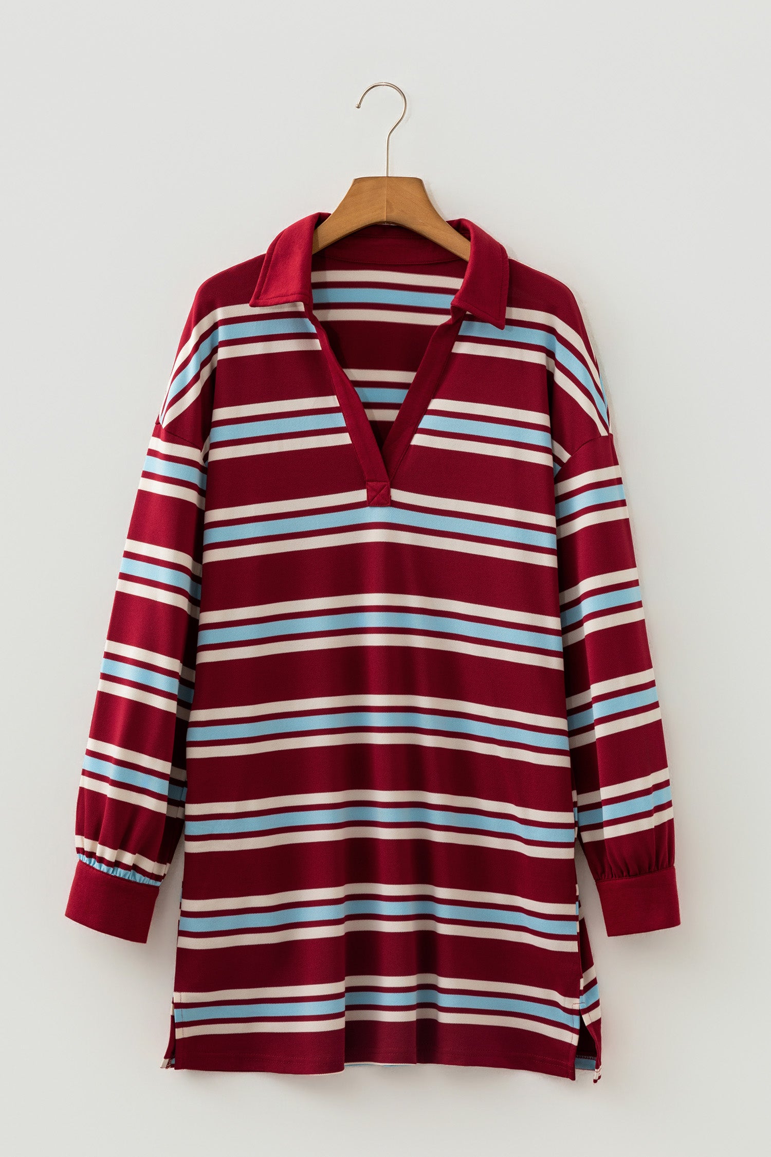Retro Polo Collar Long Sleeve T Shirt Shift Mini Dress – Red Stripe