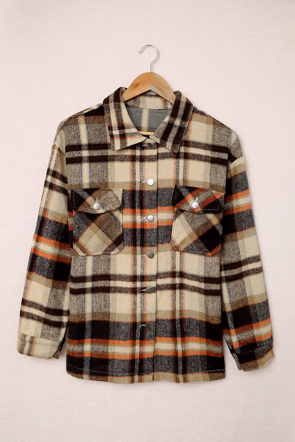 Geometric Plaid Print Pocketed Shacket eAura