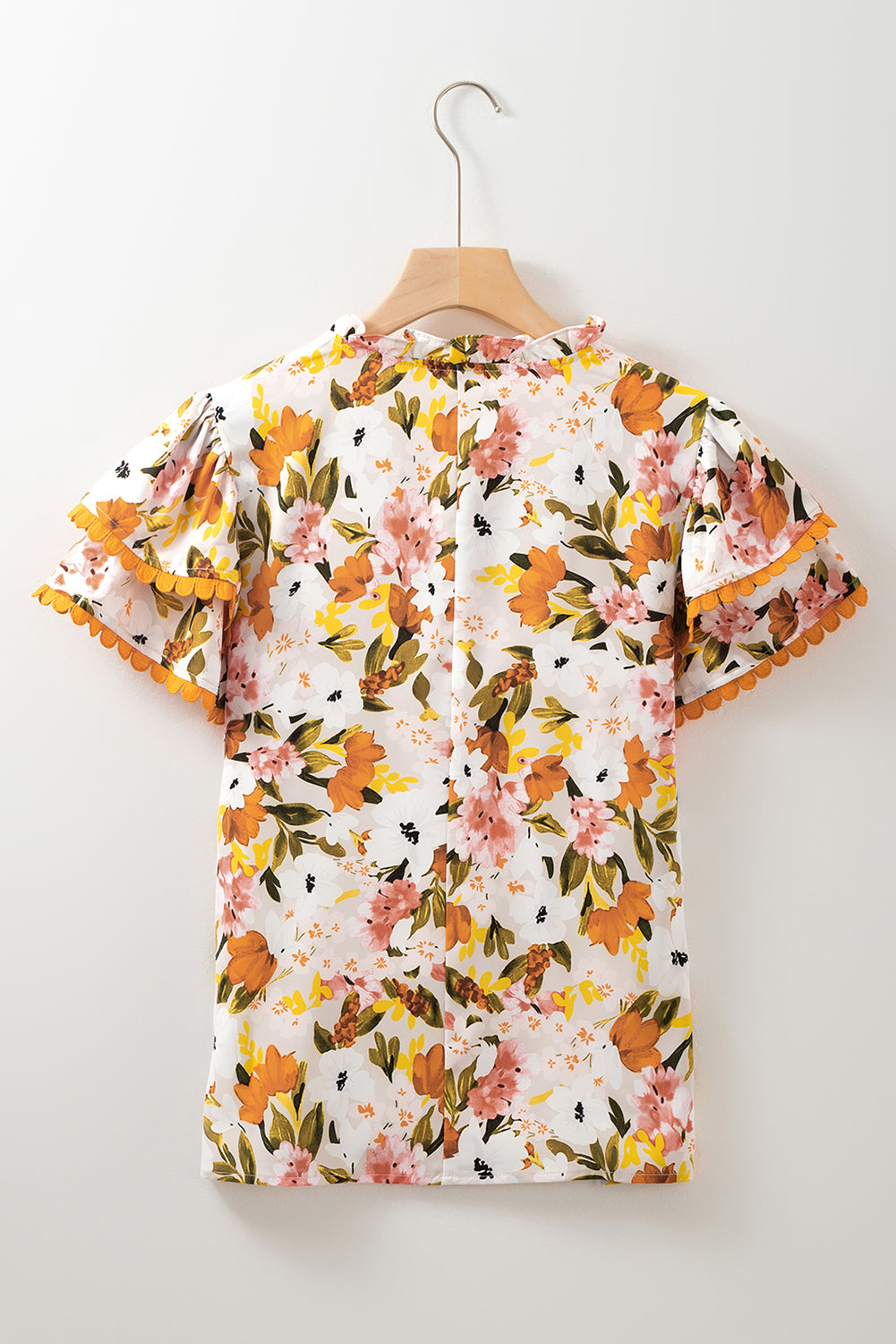 Russet Orange Ruffled V Neck Scalloped Short Sleeve Floral Blouse eAura