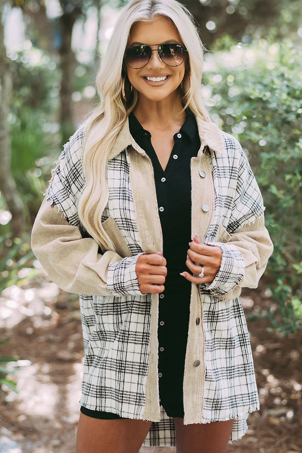 Khaki Distressed Raw Edge Plaid Patchwork Denim Jacket Beagle Boutique Fashion Outlet