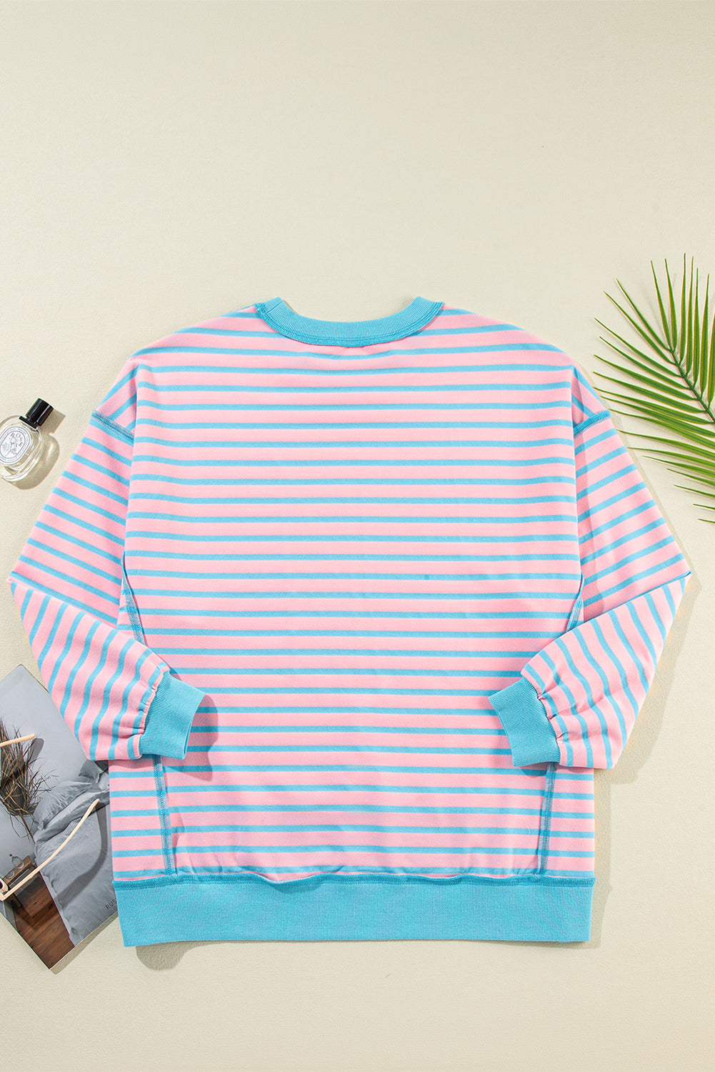 Pink Stripe Contrast Trim High Low Pullover Tunic Sweatshirt eAura