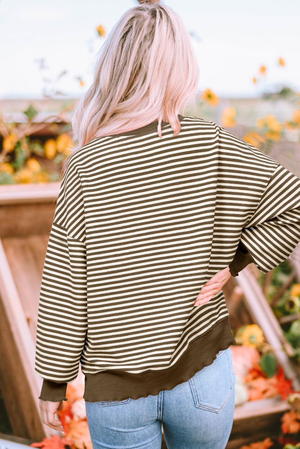 Brown Stripe Loose Drop Shoulder Long Sleeve Top eAura