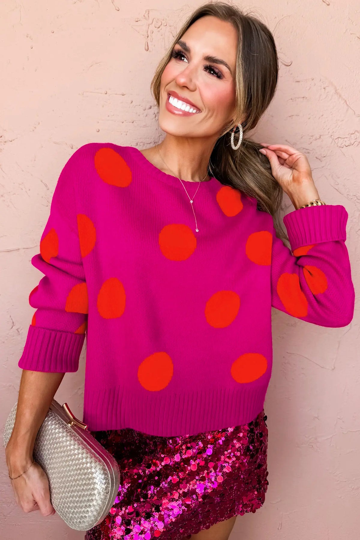 Playful Cozy Polka Dot Sweater – Strawberry Pink