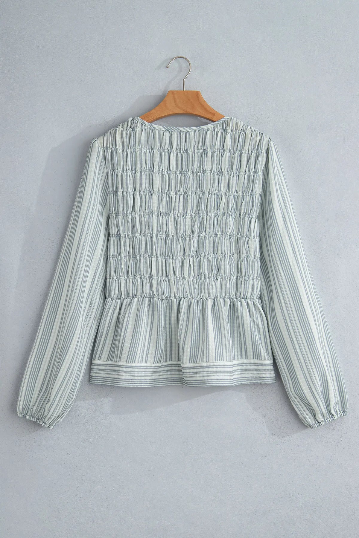 V Neck Shirred Long Sleeve Blouse – Blue Stripe