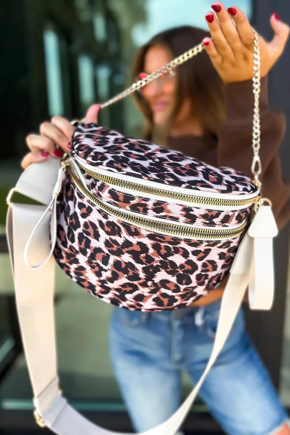 Leopard Print Double Zip PU Leather Crossbody Bag