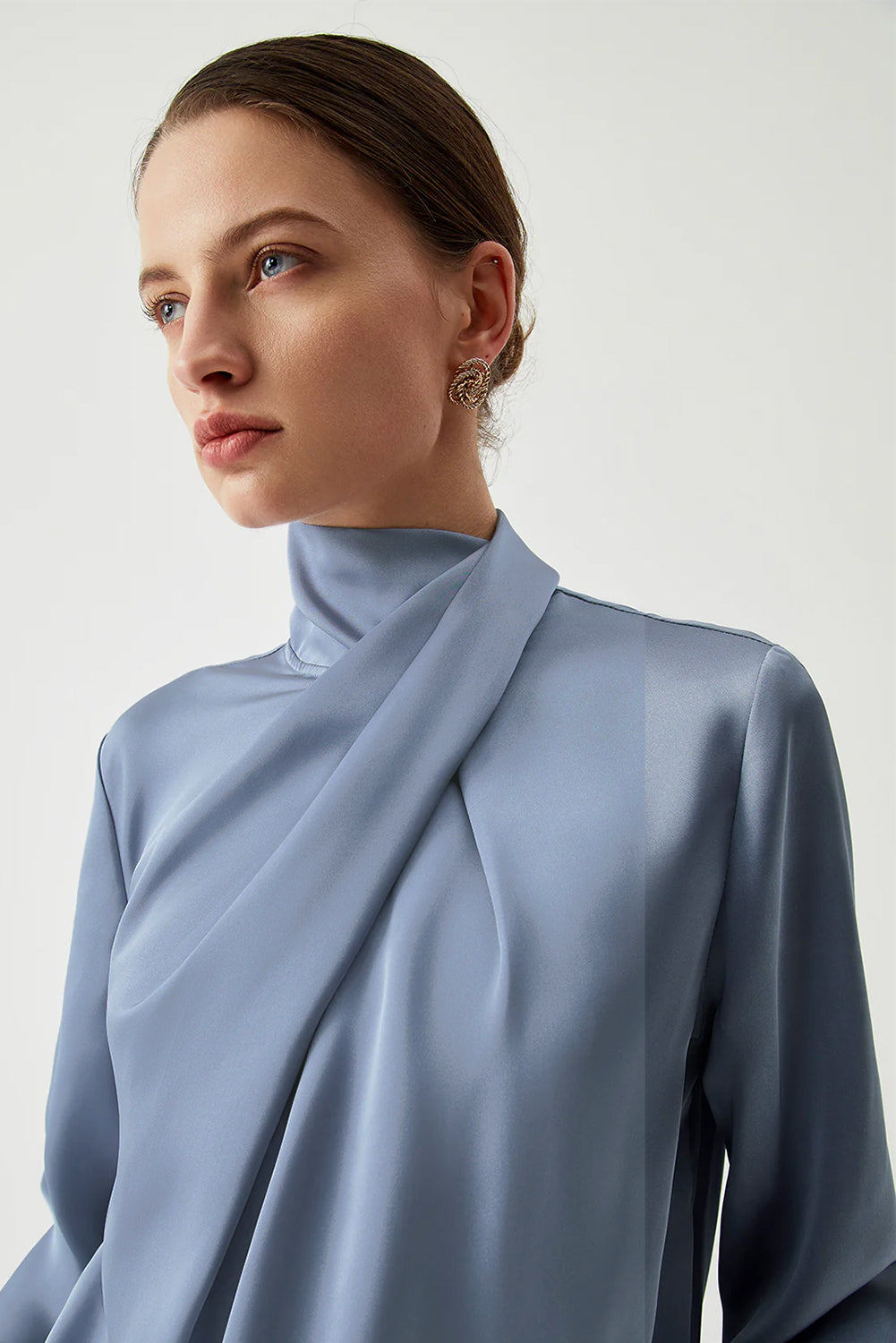 Ivy Asymmetric Pleated Turtleneck Bell Sleeve Blouse eAura