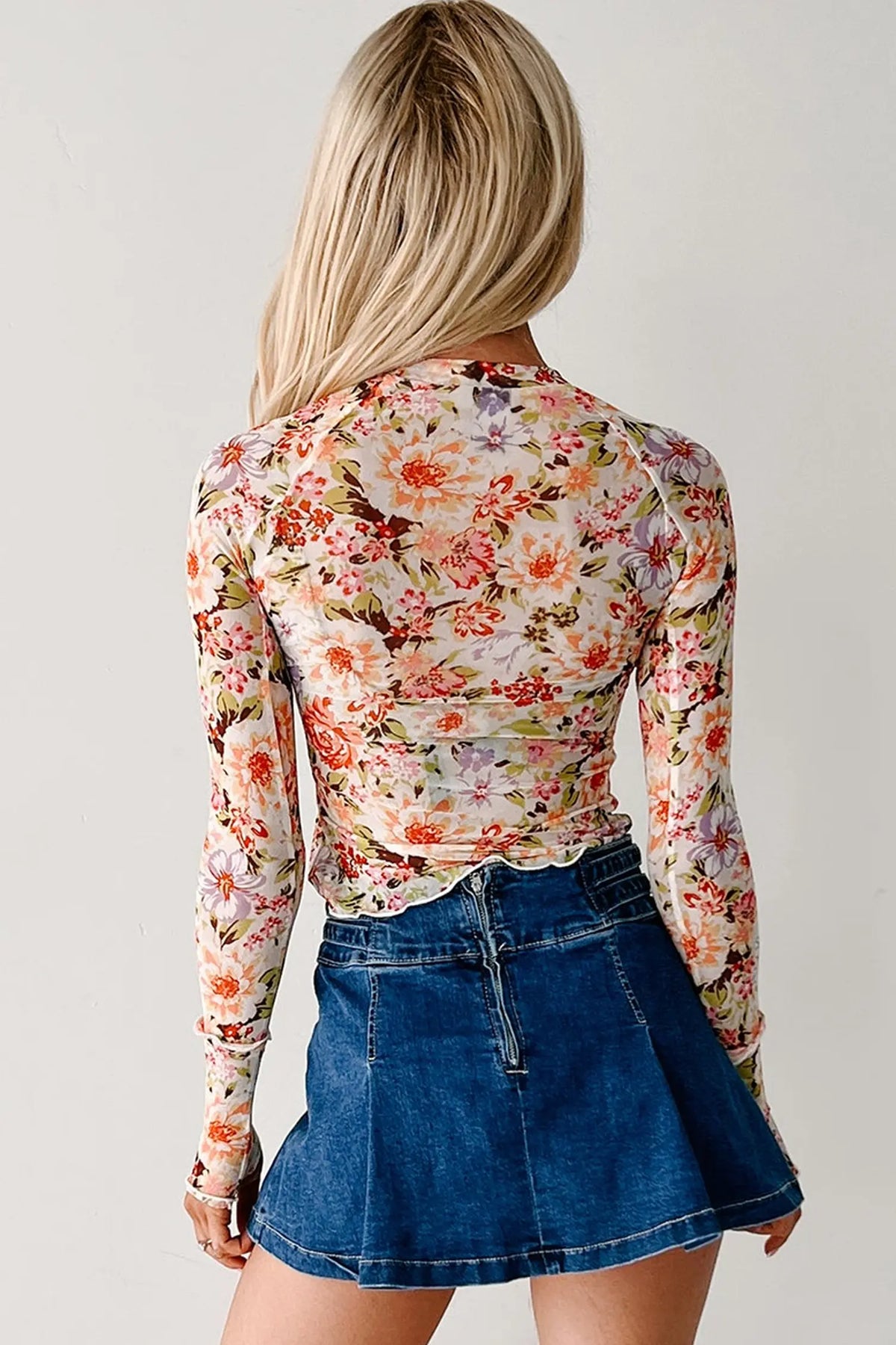 Floral Print Mesh Thumbhole Long Sleeve Slim Top – Multicolour