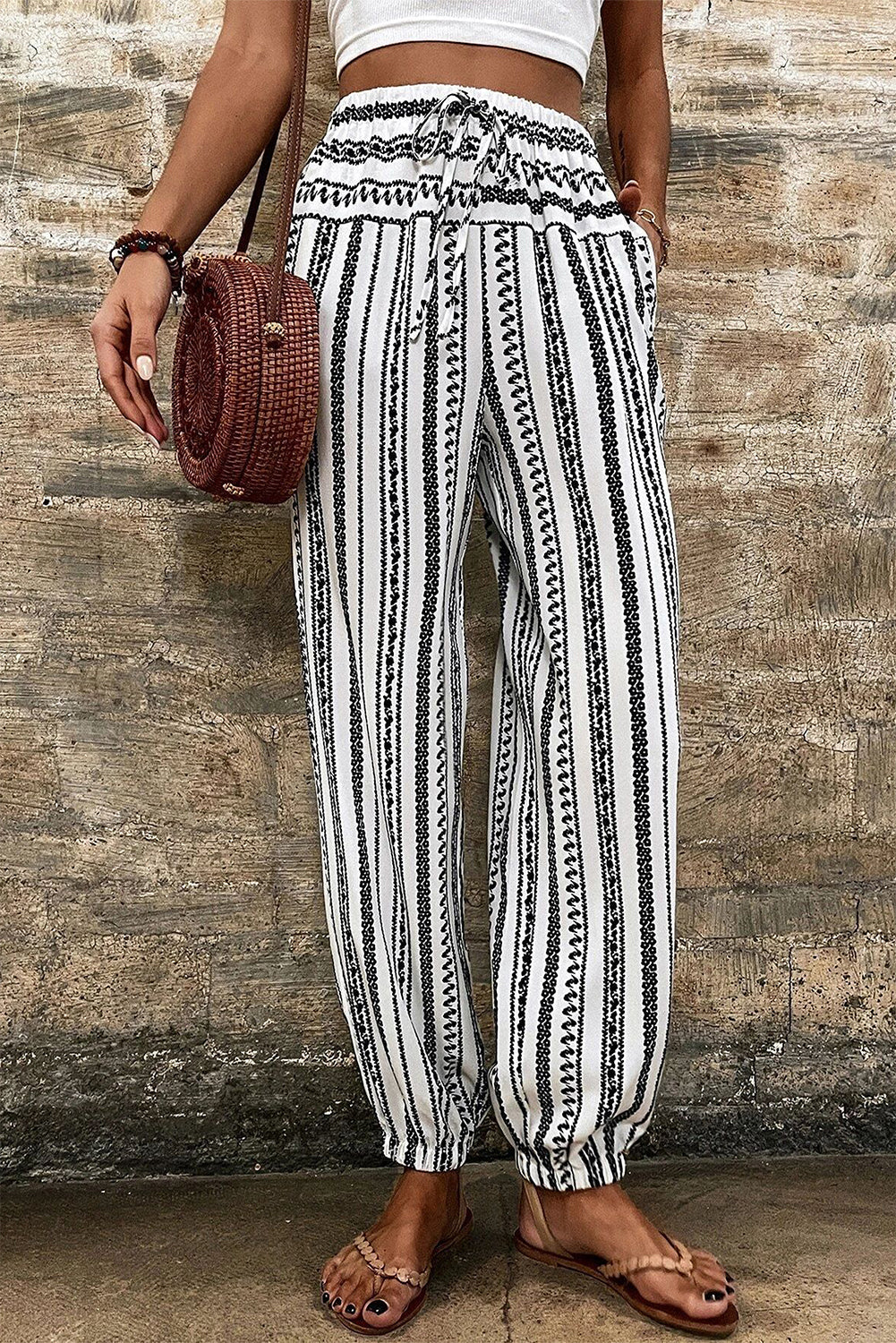Black Stripe Boho Striped Print Casual Trousers Beagle Boutique Fashion Outlet