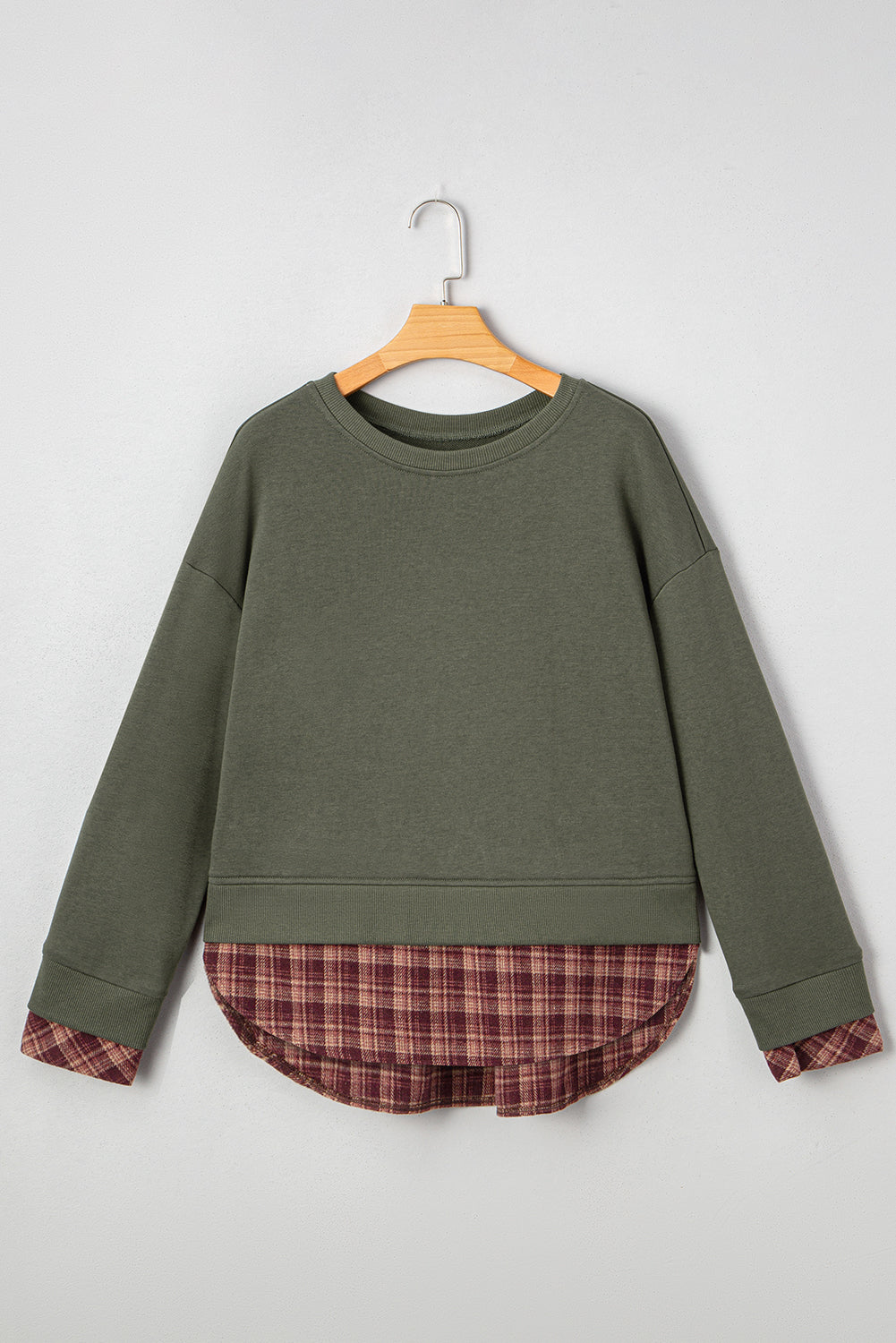 Green Plaid Patchwork Drop Shoulder Sweatshirt - eAura