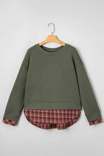 Green Plaid Patchwork Drop Shoulder Sweatshirt - eAura