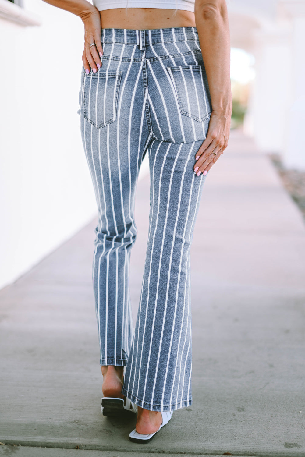 Sky Blue Vertical Striped Ripped Flare Jeans eAura