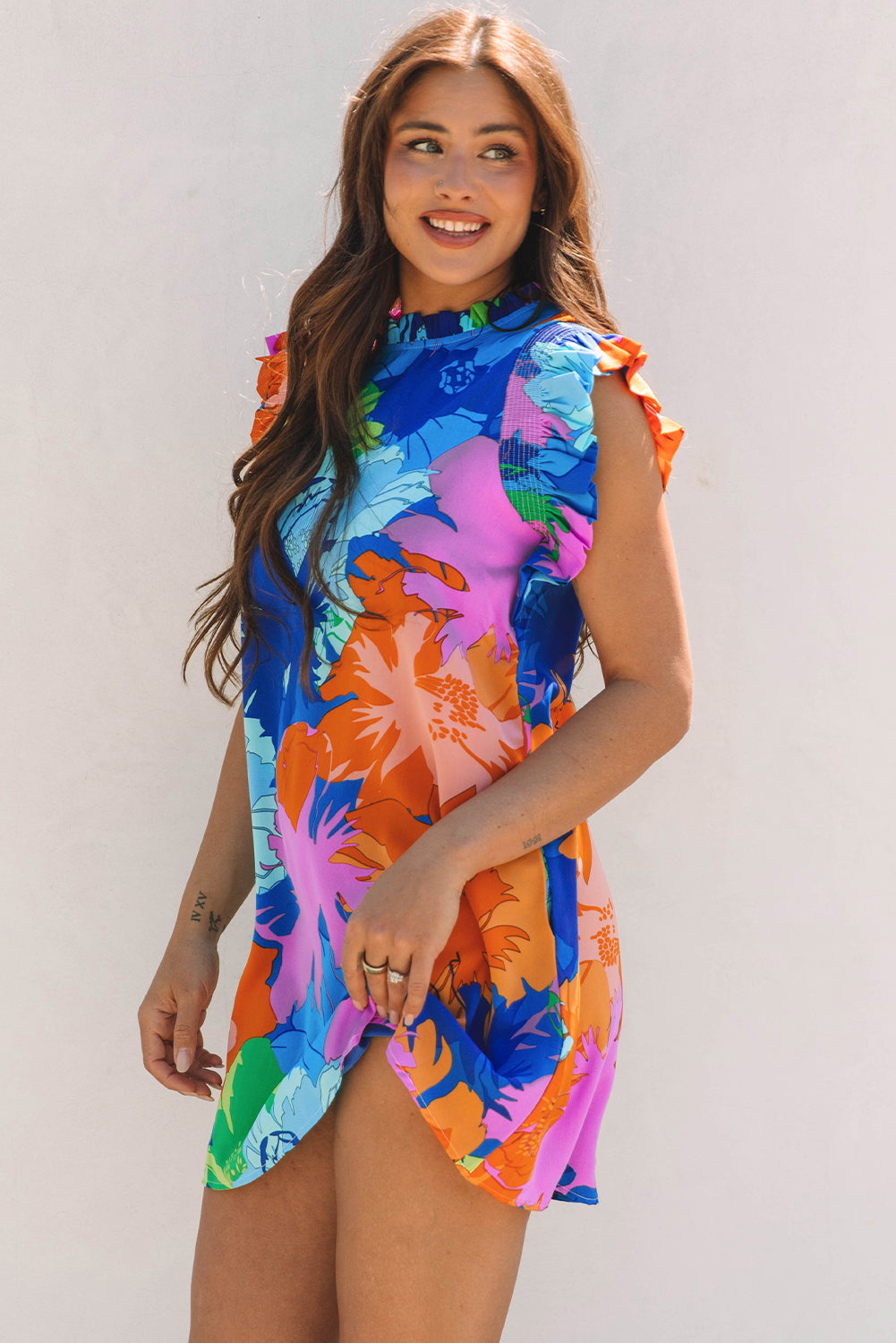 Blue Bold Floral Flutter Sleeve Shift Mini Dress with Pockets eAura