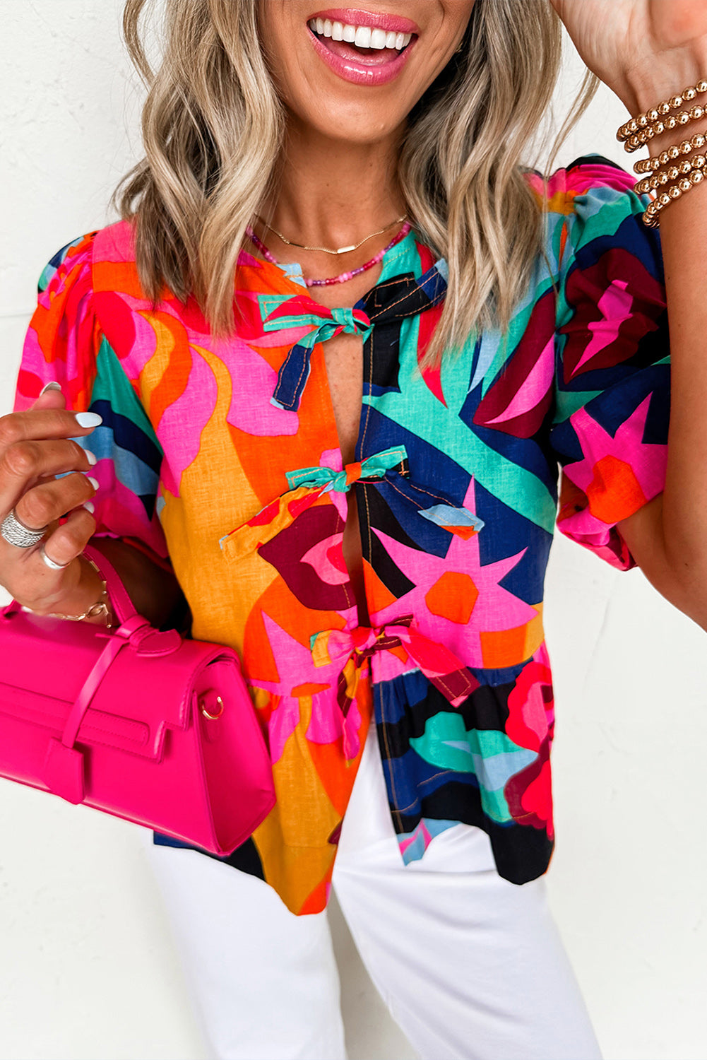 Abstract Floral Print Front Tied Puff Sleeve Babydoll Blouse - eAura