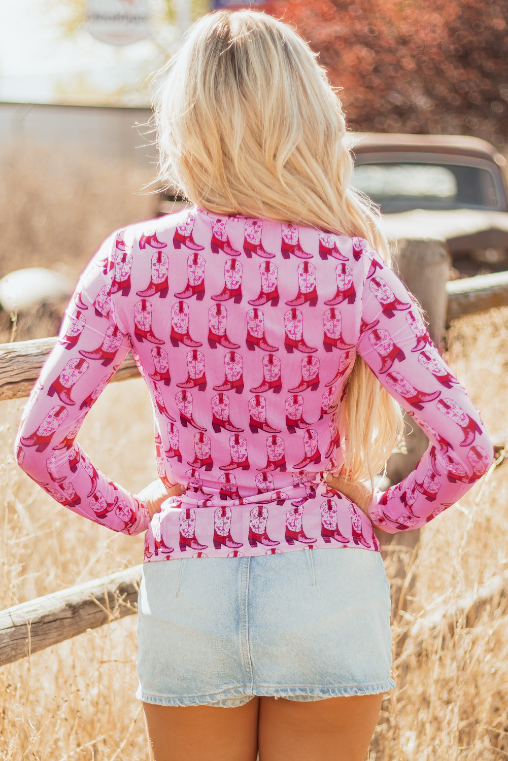Pink Cowgirl Boots Printed Mock Neck Long Sleeve Mesh Top eAura