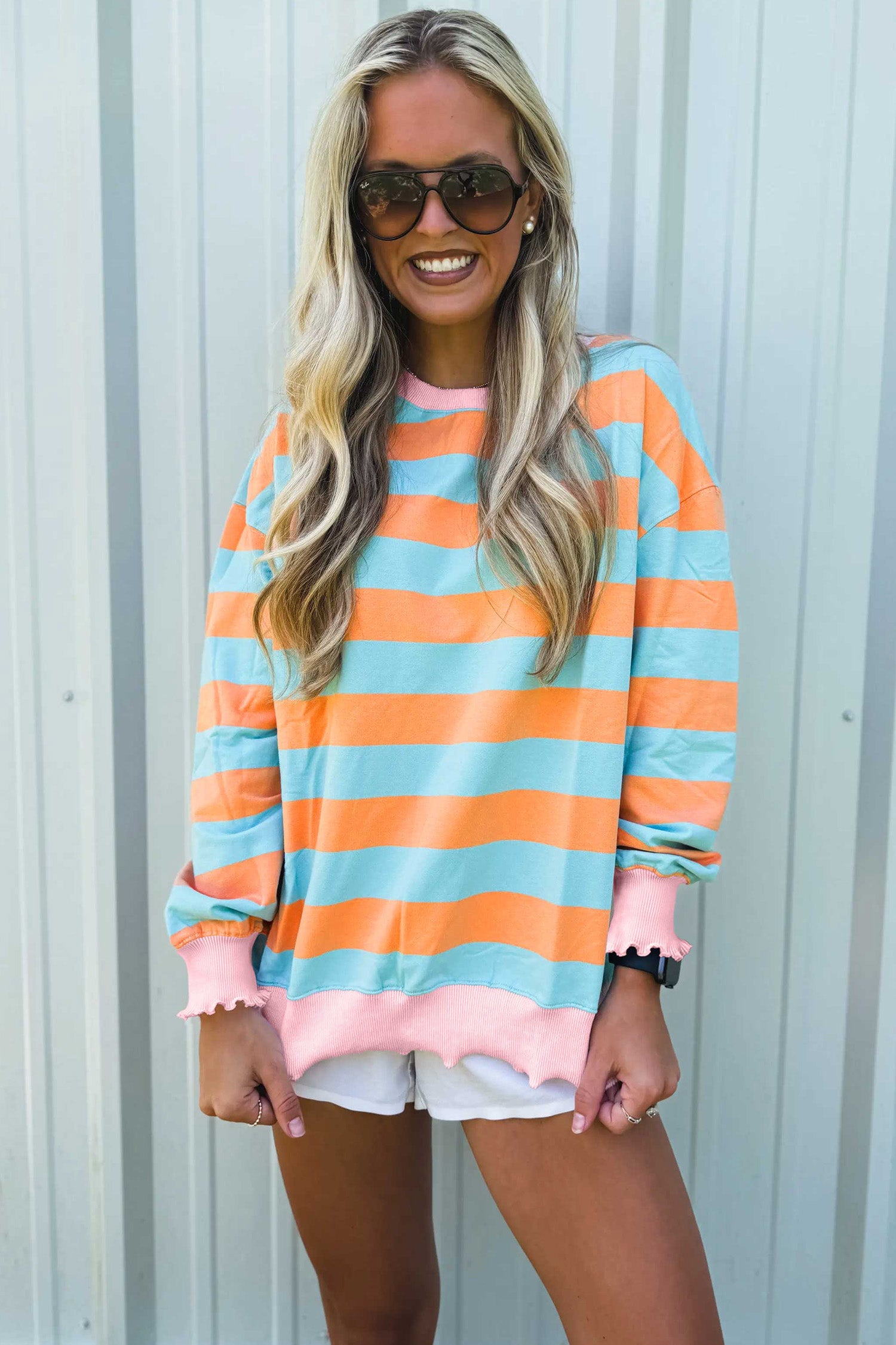 Ribbed Color Block Trim Round Neck Long Sleeve Shift Top – Orange Stripe