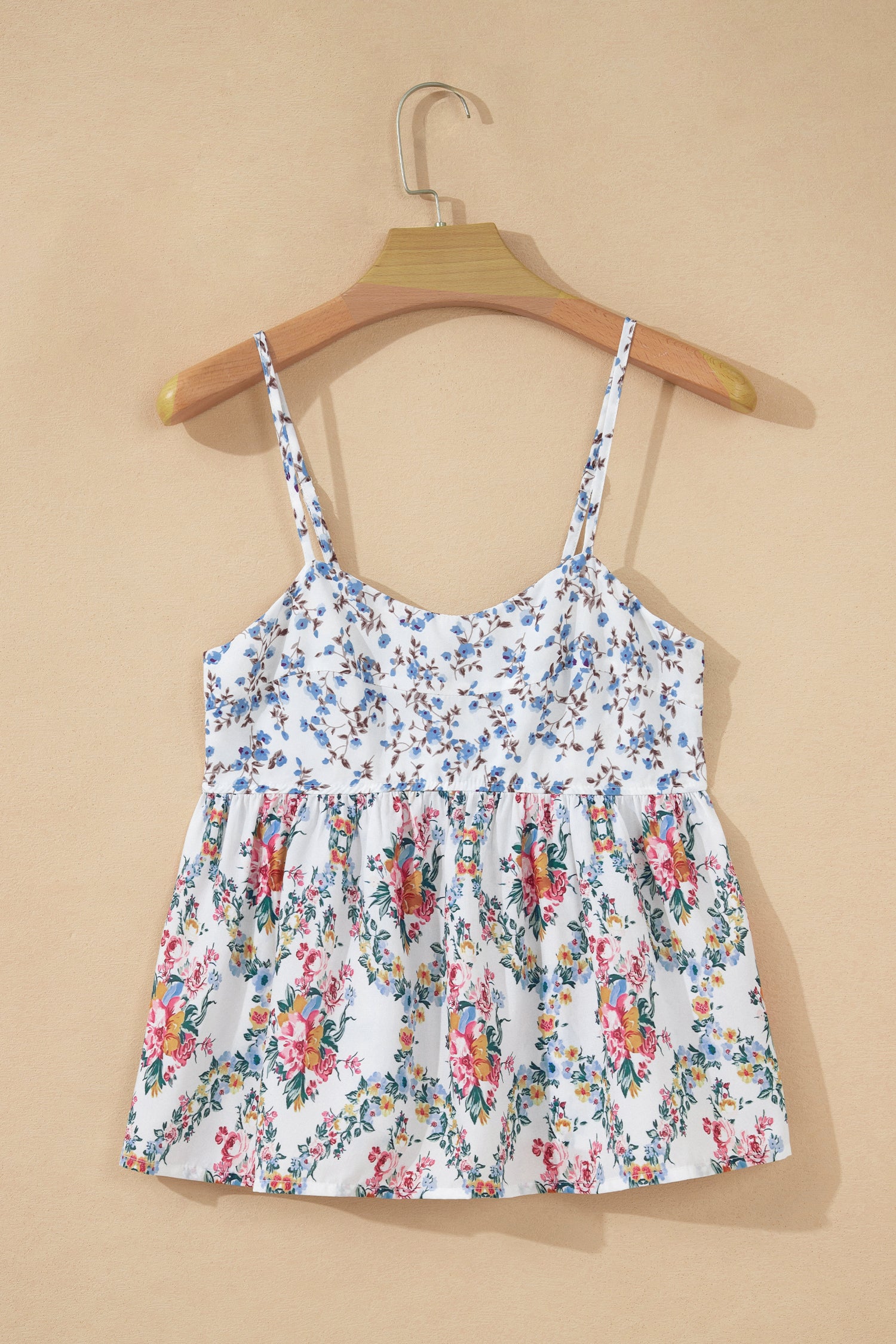 Contrast Floral Printed Patchwork Spaghetti Straps Babydoll Top – White
