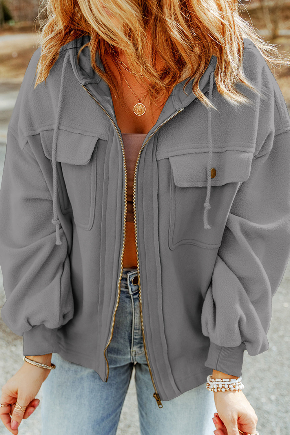 Flap Pocket Drawstring Hood Zip Up Jacket Beagle Boutique Fashion Outlet