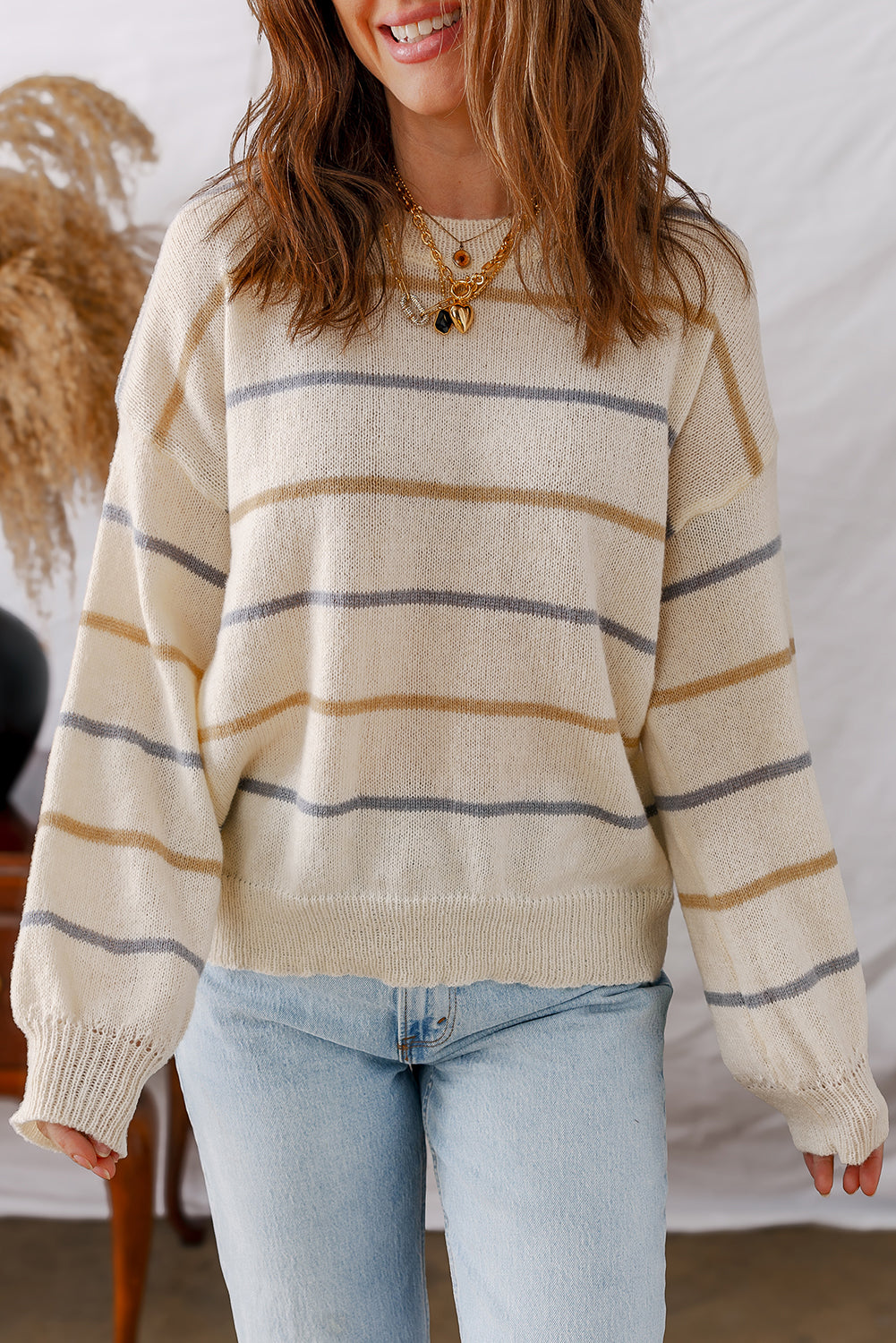 Striped Ribbed Edge Drop Shoulder Sweater eAura