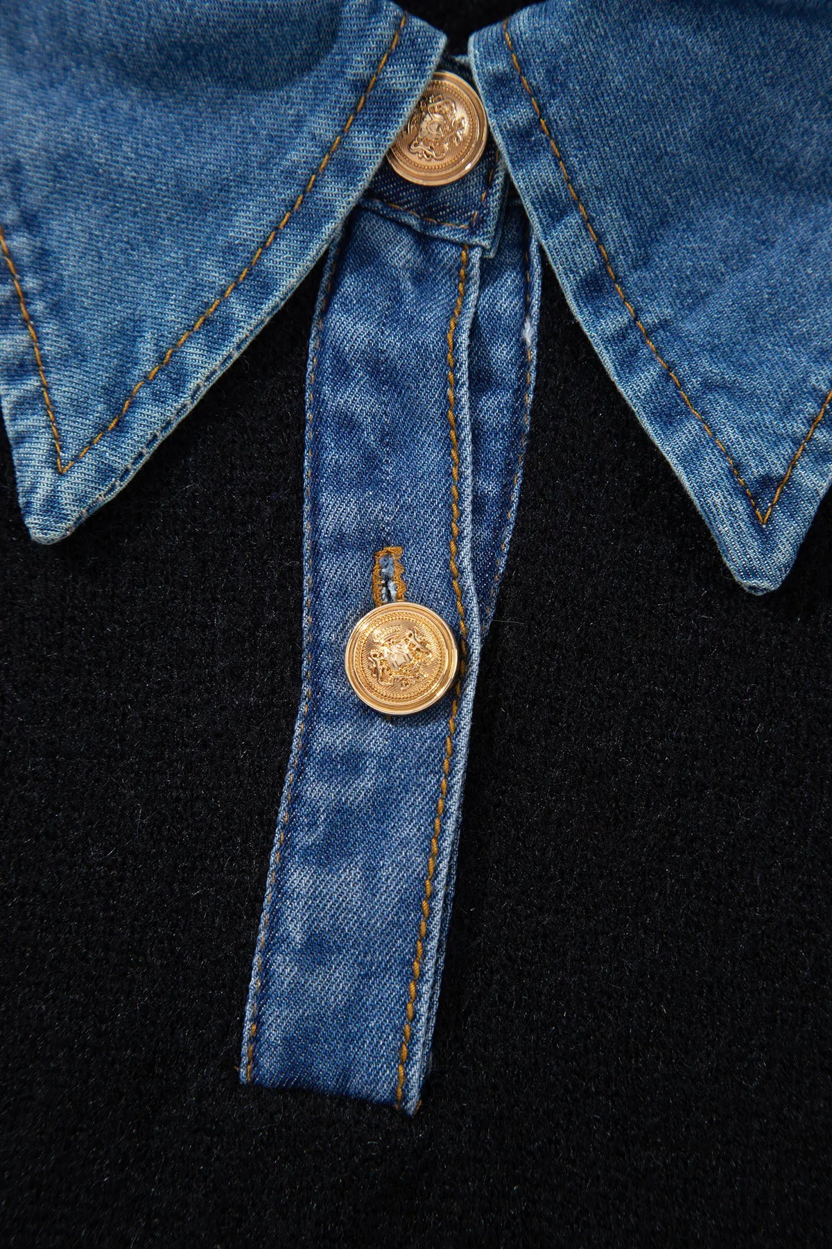 Denim Patchwork Collar Cuffed Casual Sweater – Black