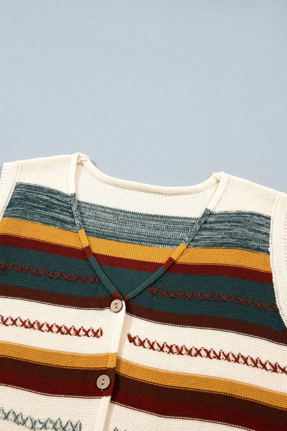 Striped Button Front Sleeveless Knit Regular Fit Sweater Vest – Multicolour