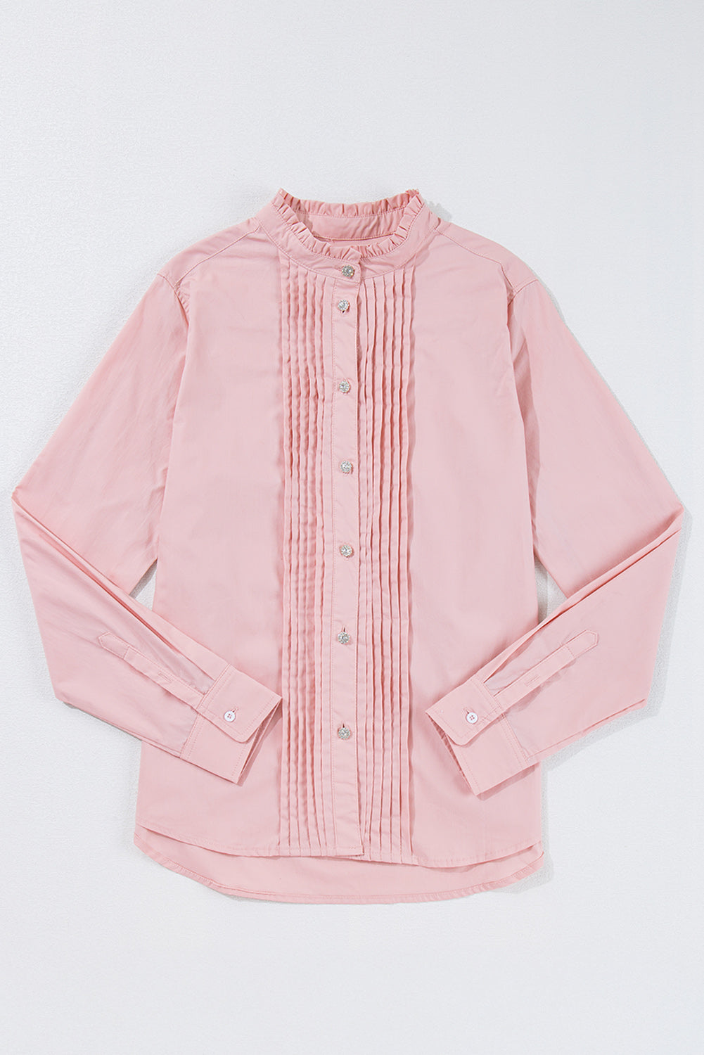 Light Pink Pleated Button-Up Loose Fit Casual Shirt Beagle Boutique Fashion Outlet