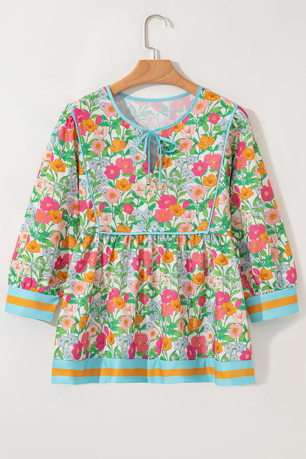 Floral Print Striped Trim Tie Neck Puff Sleeve Babydoll Blouse - eAura