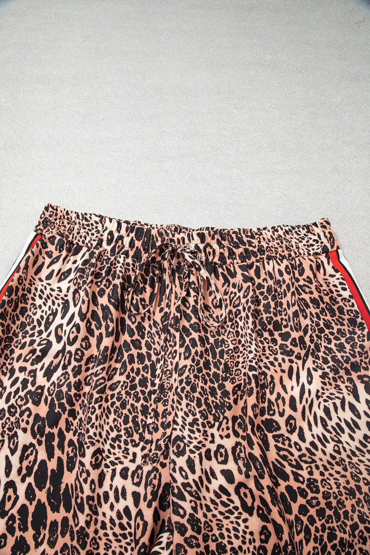 Leopard Print Colourblock Side Stripes Wide Leg Full Length Plus Size Pants – Khaki
