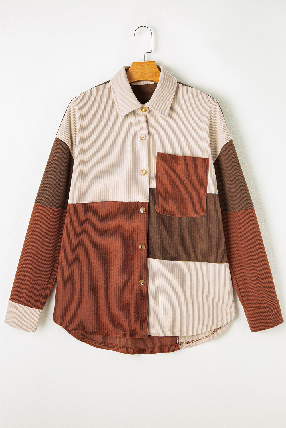 Cinnamon Colourblock Curved Hem Corduroy Shacket with Pocket Beagle Boutique Fashion Outlet
