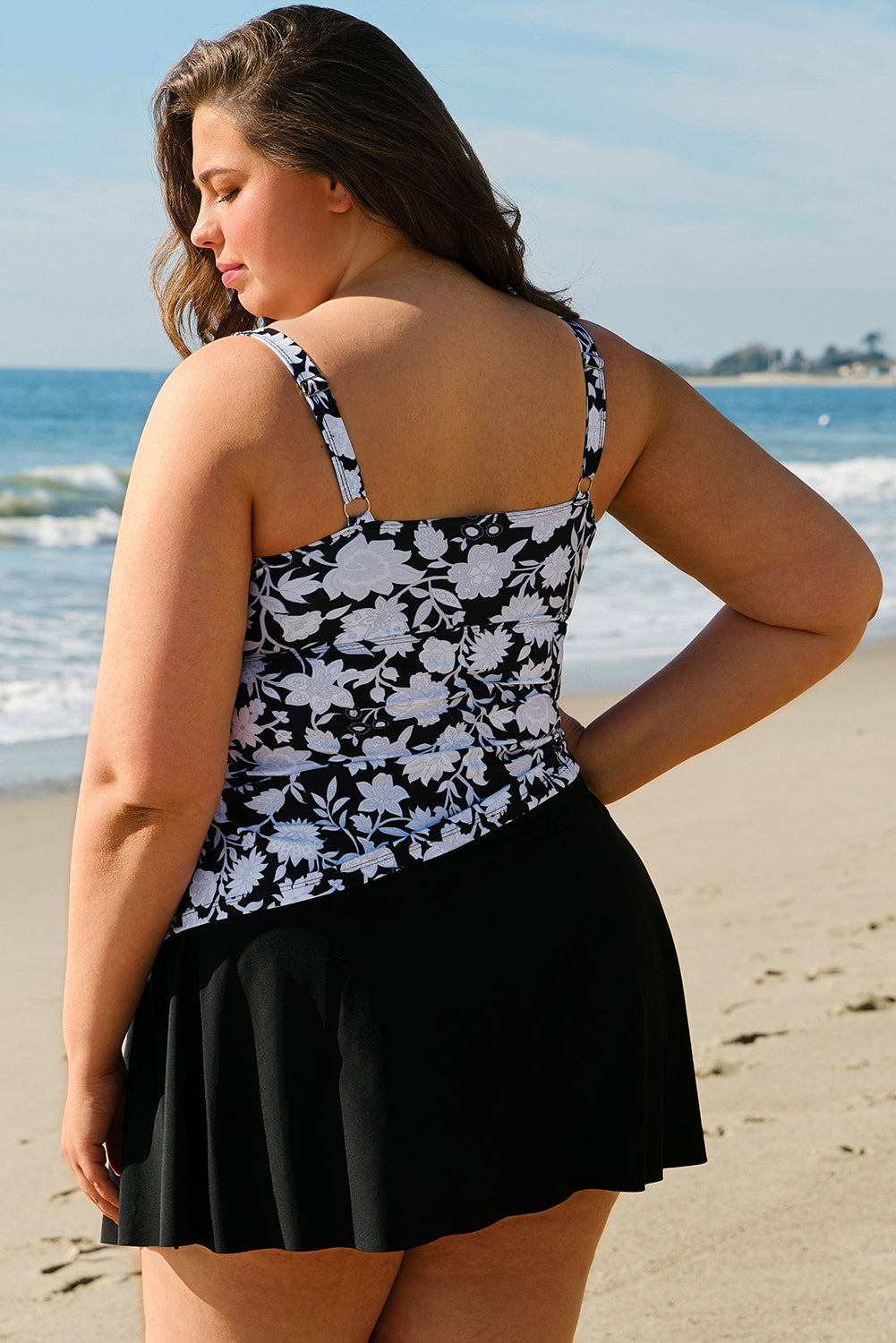 Black Plus Size Printed Square Neck Drawstring Ruffled Tankini Set BB Fashion Outlet