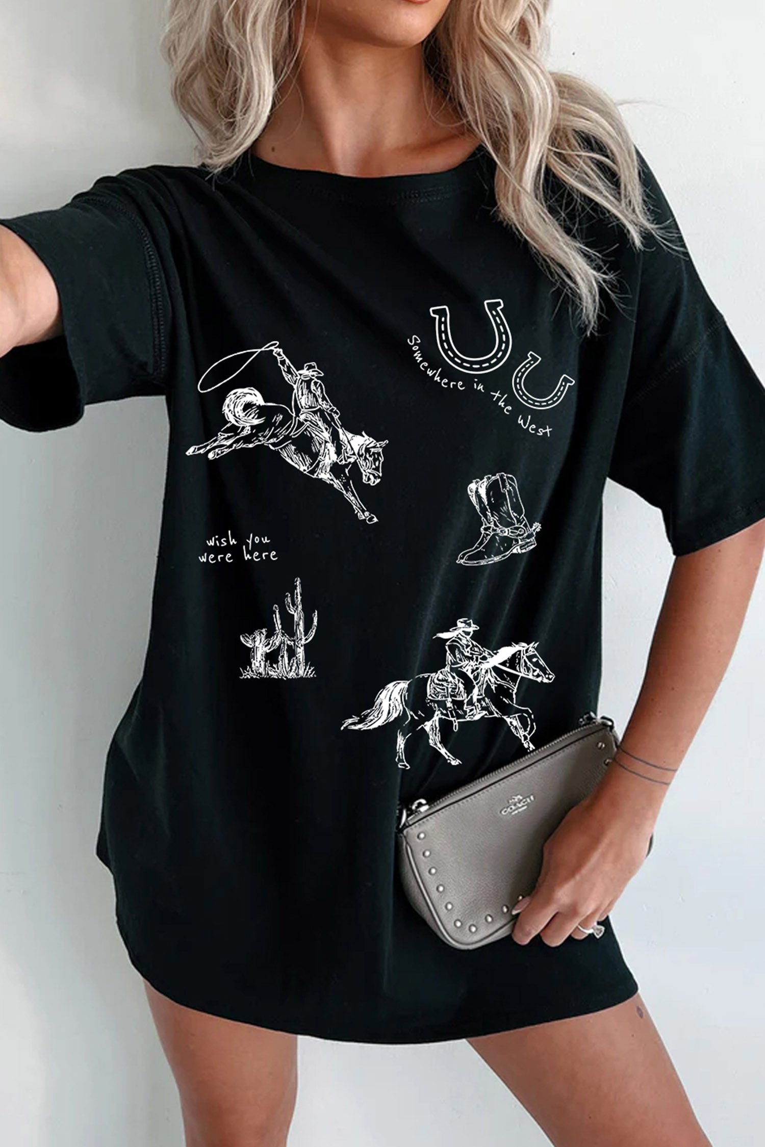 Western Cowboy Print Oversized Tunic Tee – Black