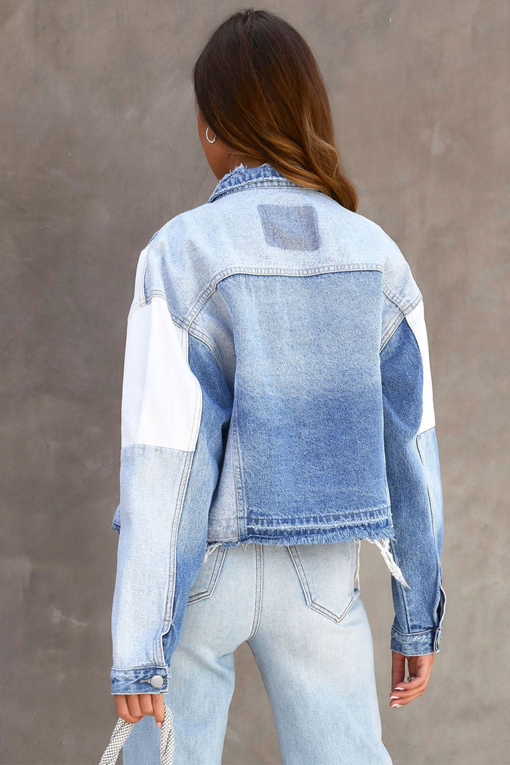Sky Blue Colour Block Denim Patchwork Frayed Hem Jacket Beagle Boutique Fashion Outlet