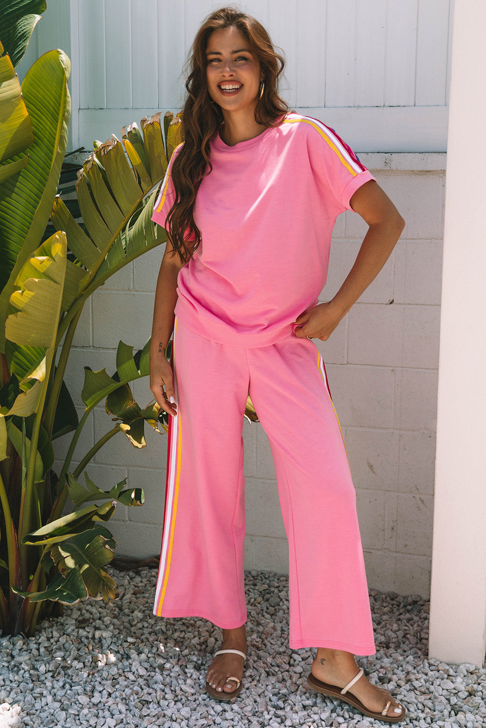 Contrast Crewneck T Shirt and Wide Leg High Waist Trousers Co-ord eAura