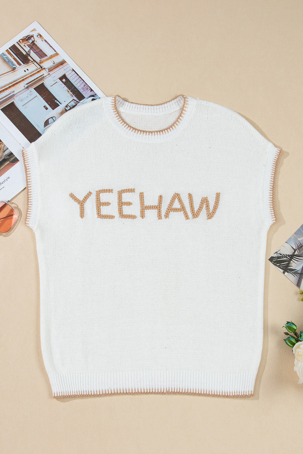 White Knit YEEHAW Stitch Edge Crew Neck Sweater T Shirt eAura