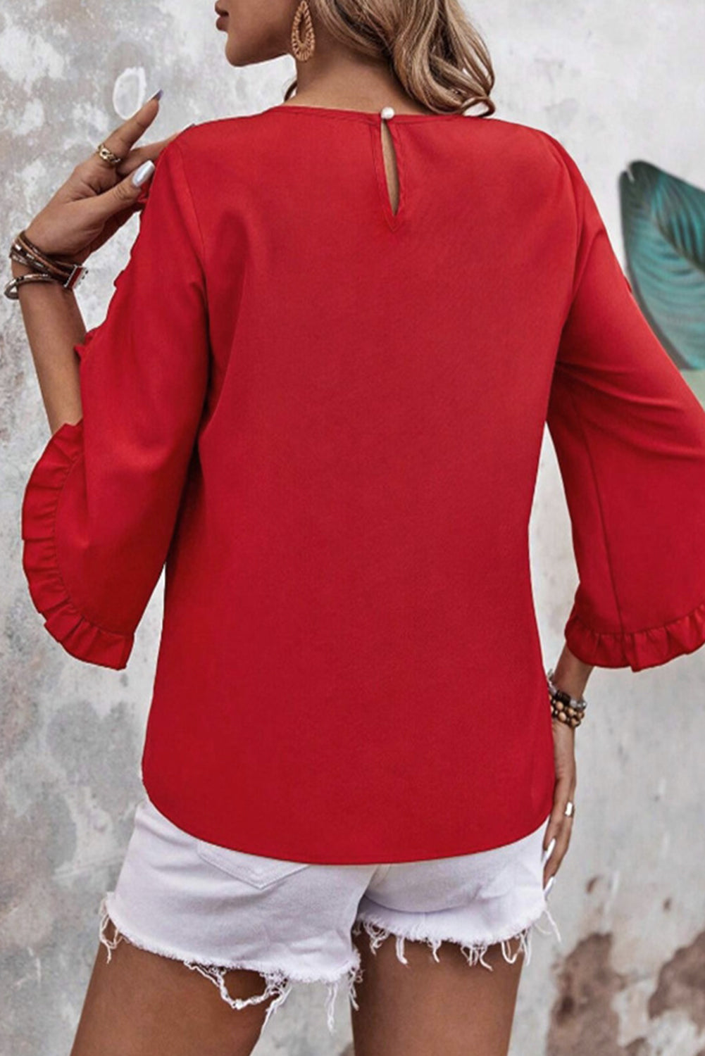 Ruffle Trimmed 3/4 Sleeve Round Neck Blouse eAura