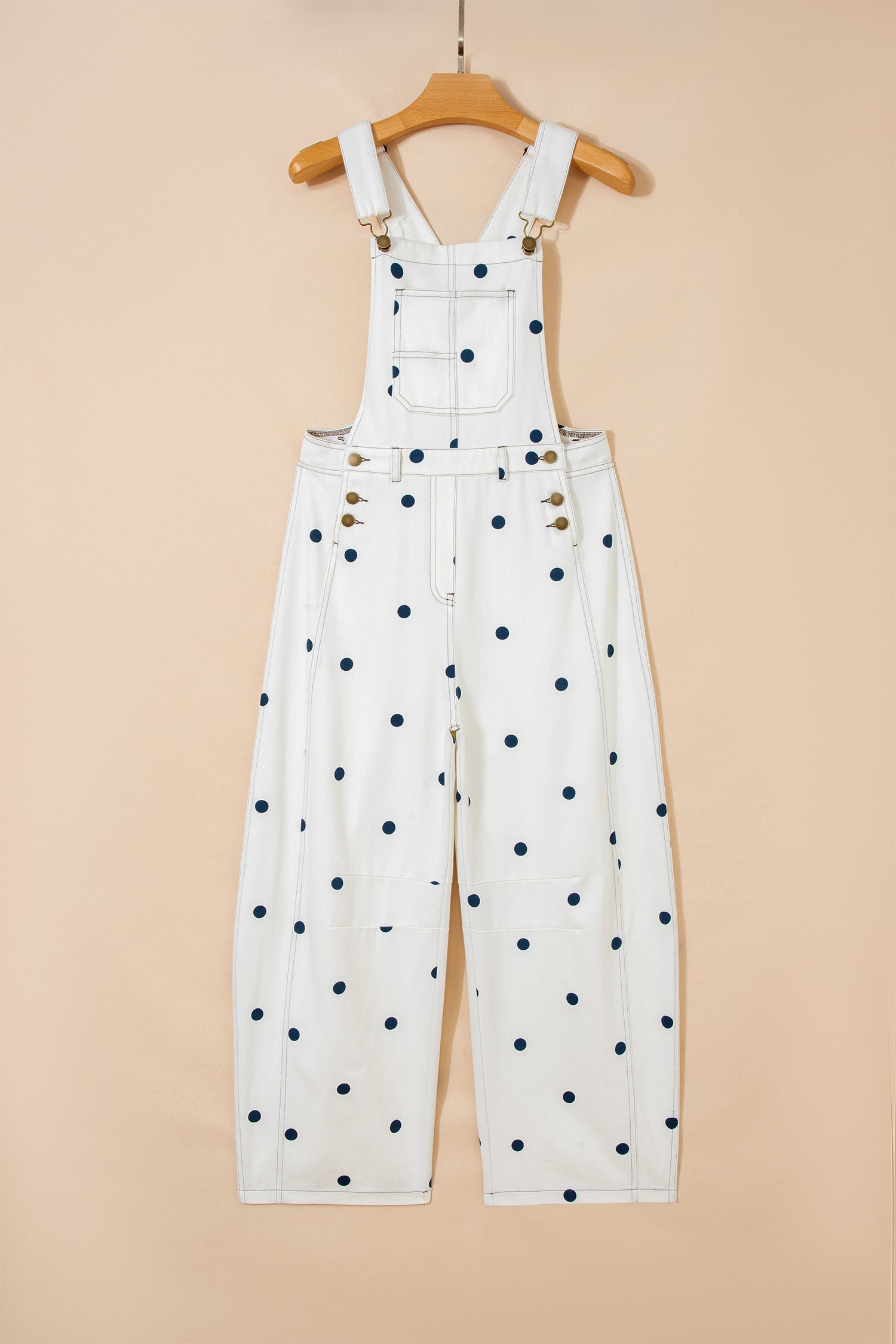Polka Dot Print Bib Pocket Denim Barrel Overalls