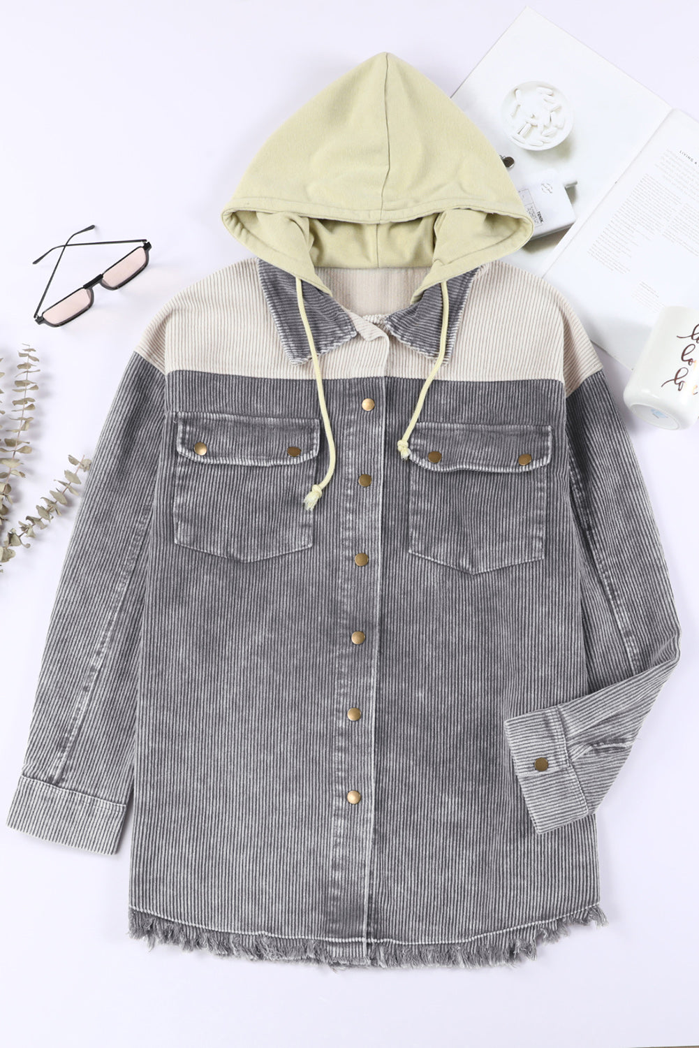 Gray Color Block Button Down Hooded Corduroy Jacket – Gray-2